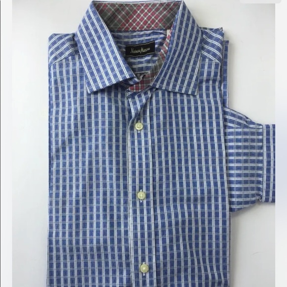 Nieman Marcus Men Long Sleeve Dress Shirt Blue White Check Medium Cotton - Picture 5 of 10